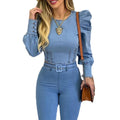 Damen Jeans-Overall mit Puffärmeln und taillierbarem Gürtel R&B