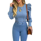 Damen Jeans-Overall mit Puffärmeln und taillierbarem Gürtel R&B