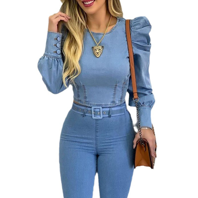 Damen Jeans-Overall mit Puffärmeln und taillierbarem Gürtel R&B