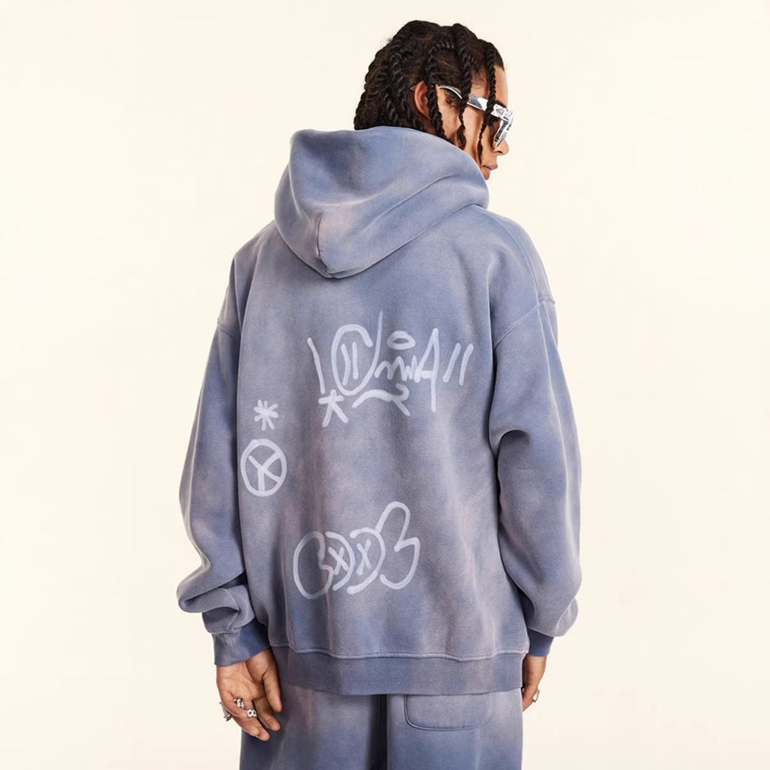 Unisex nan oversized Kapuzenjacke mit durchgehendem Reißverschluss, gebürstetem Fleecefutter und handähnlichem Sprayprint R&B