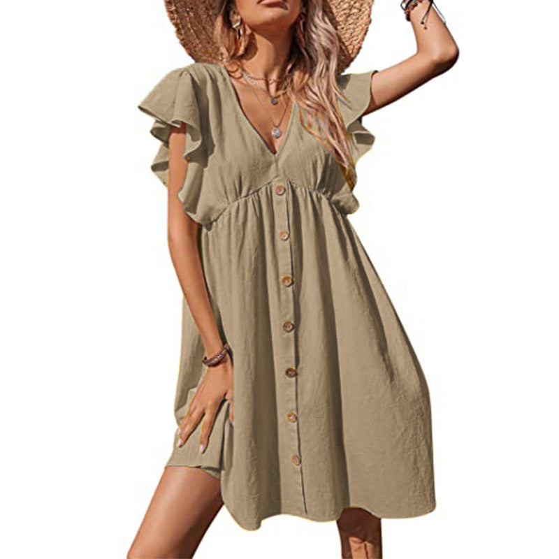 Damen Luftiges Sommerkleid mit verspielten Rüschendetails und Knopfverschluss R&B