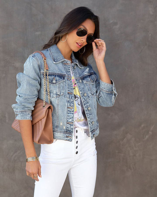 Damen trendige Denimjacke im lässigen Oversize-Schnitt mit fransigen Ärmeln R&B
