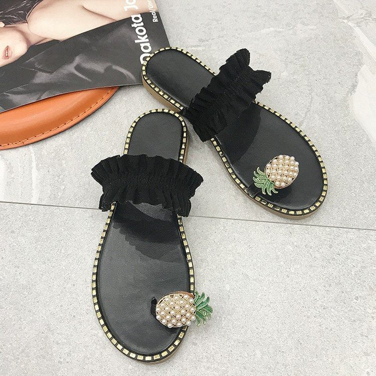 Damen Riemchen-Sandalen mit dekorativem Rüschendetail und Perlenschmuck R&B