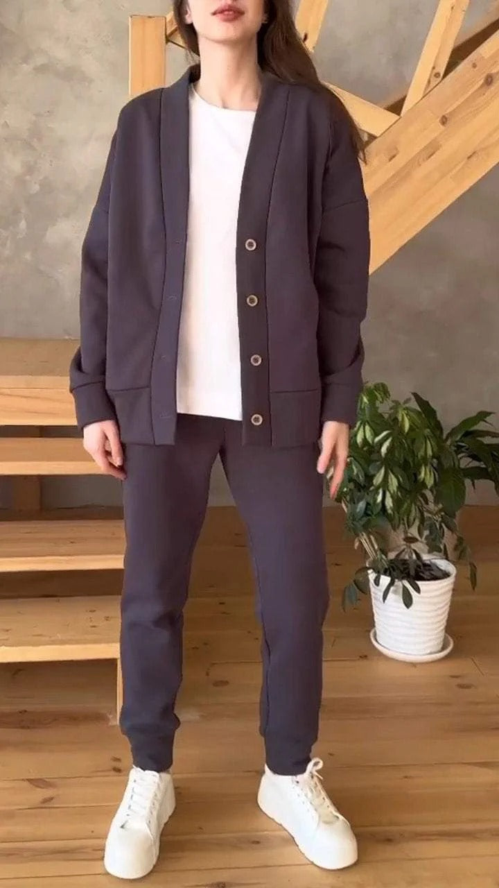 Damen lässige Oversized Sweatjacke mit Knöpfen R&B