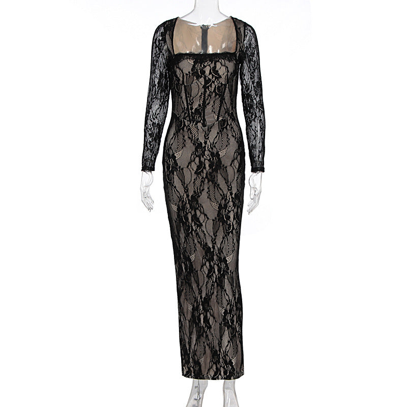 Damen Spitzenmaxikleid mit durchscheinenden Einsätzen R&B