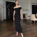 Damen Elegantes schulterfreies Maxikleid mit Knopfleiste