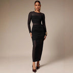 Damen nan schmalgeschnittenes Mesh-Midikleid mit langen Ärmeln, Taillenraffung und semitransparenter Rockbahn R&B