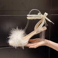 Damen transparente High Heels mit elegantem Federbesatz und Perlenschmuck R&B