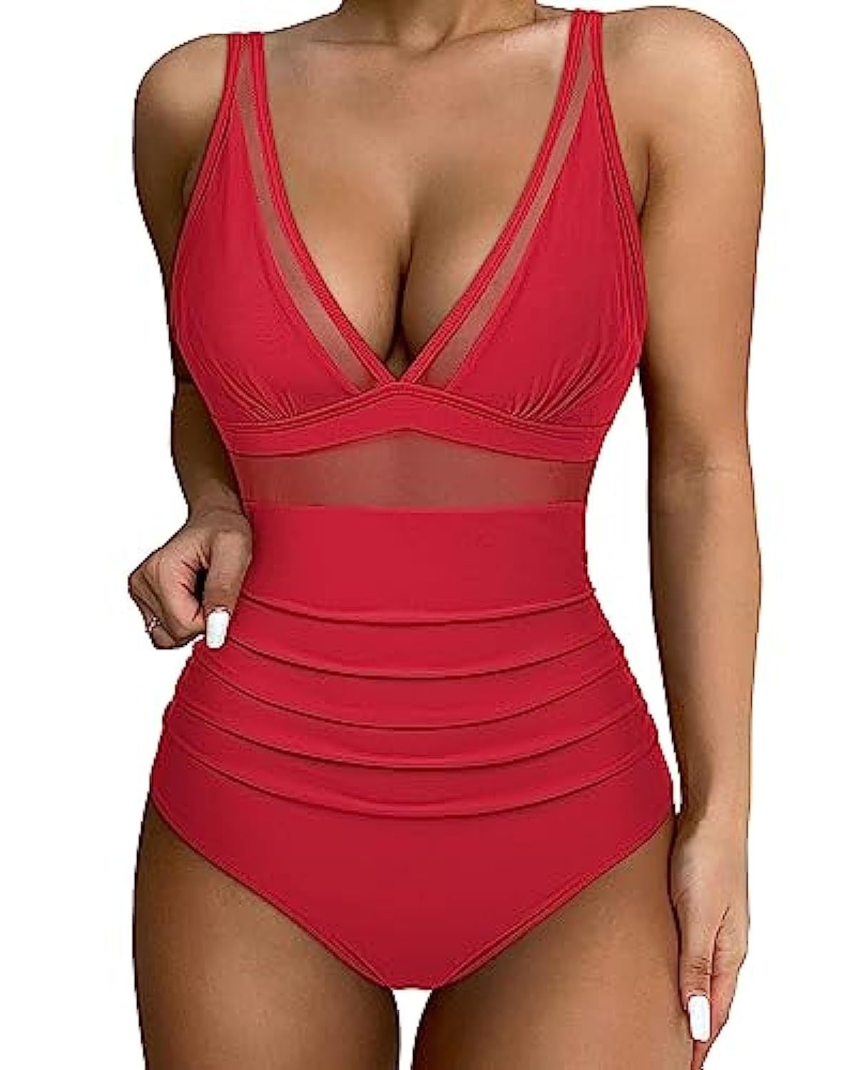Damen Hochtaillierter Badeanzug mit transparenten Einsätzen R&B