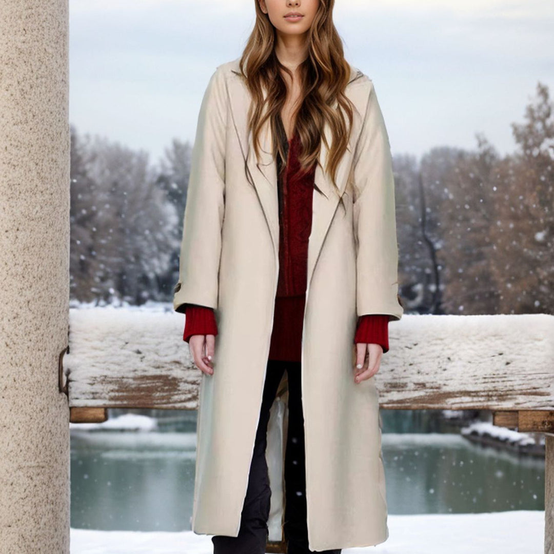 Damen eleganter langer Mantel mit breitem Revers und Gürtel R&B