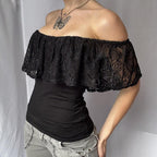Damen Off-Shoulder Oberteil mit Rüschendetails und eleganten Spitzenakzenten R&B