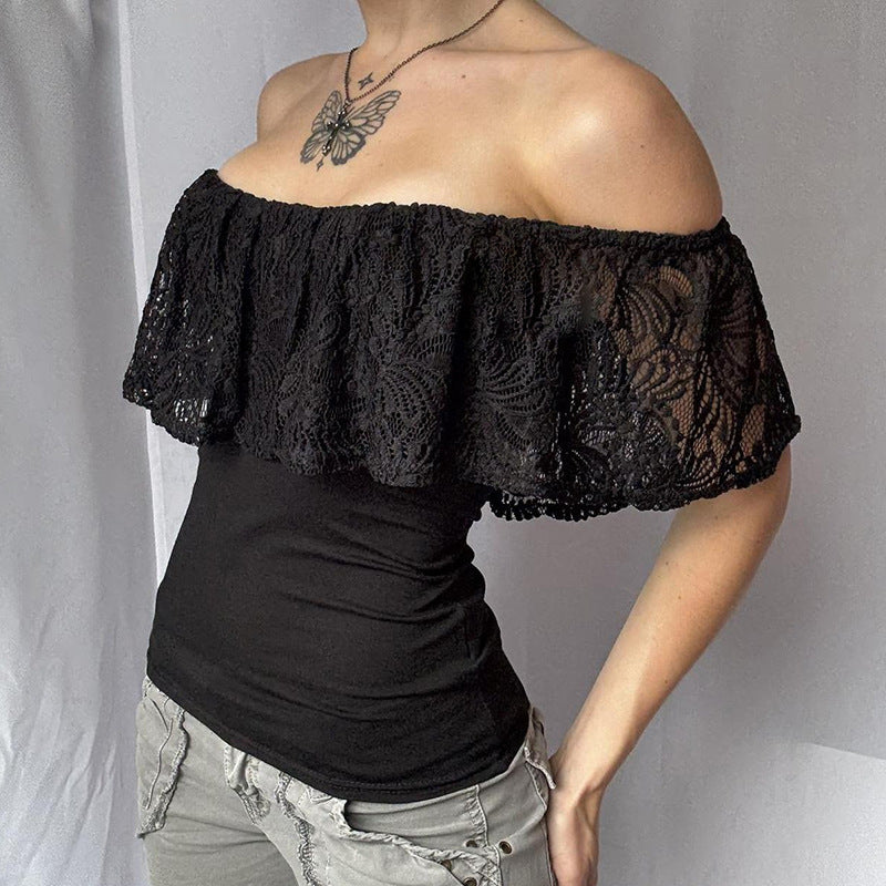 Damen Off-Shoulder Oberteil mit Rüschendetails und eleganten Spitzenakzenten R&B