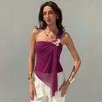Damen nan asymmetrisches Einschulter-Chiffon-Oberteil mit Drapierung und Zierbrosche R&B
