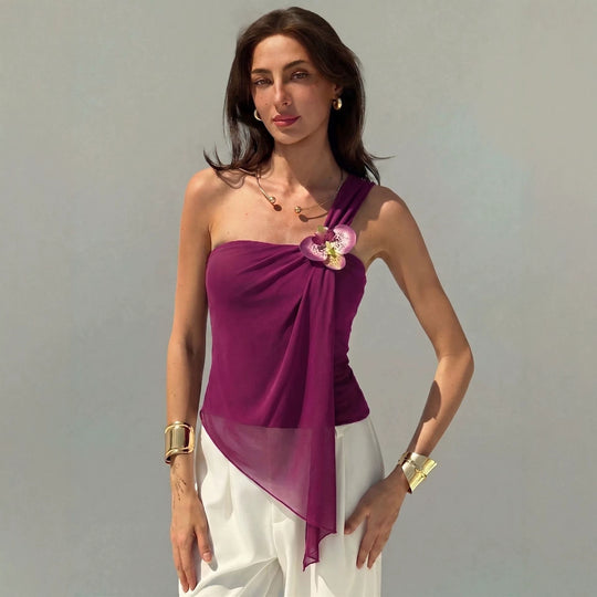 Damen nan asymmetrisches Einschulter-Chiffon-Oberteil mit Drapierung und Zierbrosche R&B