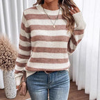 Damen lässiger Strickpullover mit breiten Querstreifen R&B