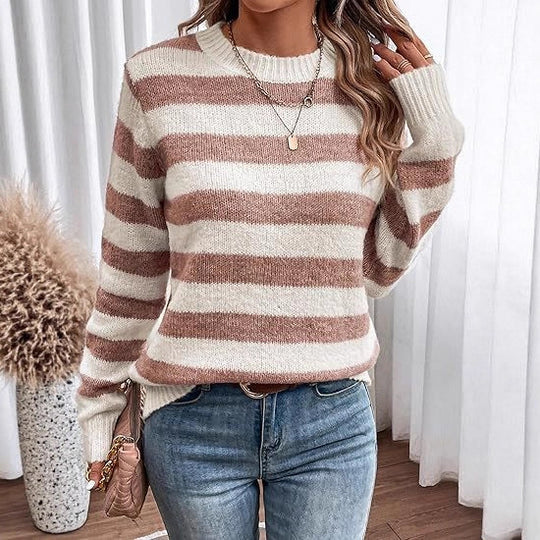Damen lässiger Strickpullover mit breiten Querstreifen R&B