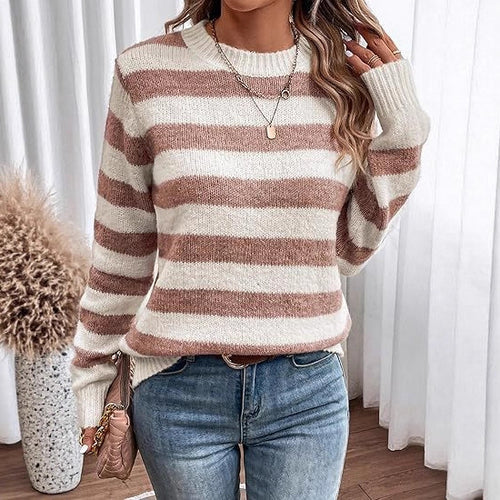 Damen lässiger Strickpullover mit breiten Querstreifen R&B