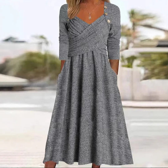 Damen nan legeres Strick-Maxikleid mit Wickeloberteil V-Ausschnitt Eingrifftaschen und Zierknopfleiste R&B