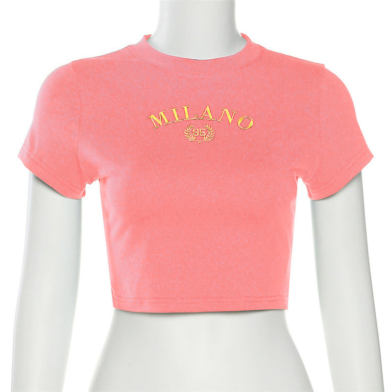 Damen cropped T-Shirt mit gesticktem Schriftzug und rundem Ausschnitt R&B