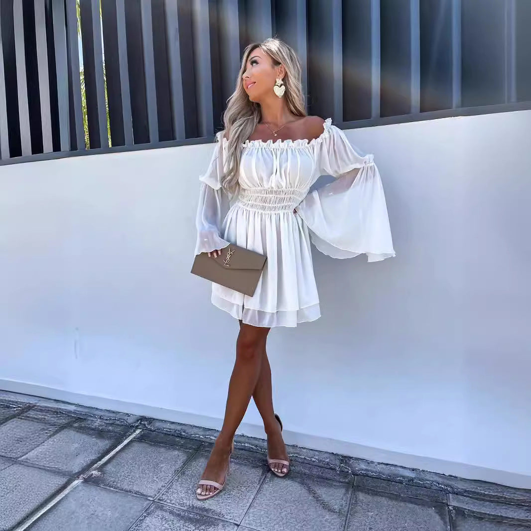 Damen Off-Shoulder Minikleid mit elastischem Taillenband und fließendem Stoff R&B