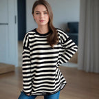 Damen lässiger Oversize-Pullover mit breiten Streifen R&B
