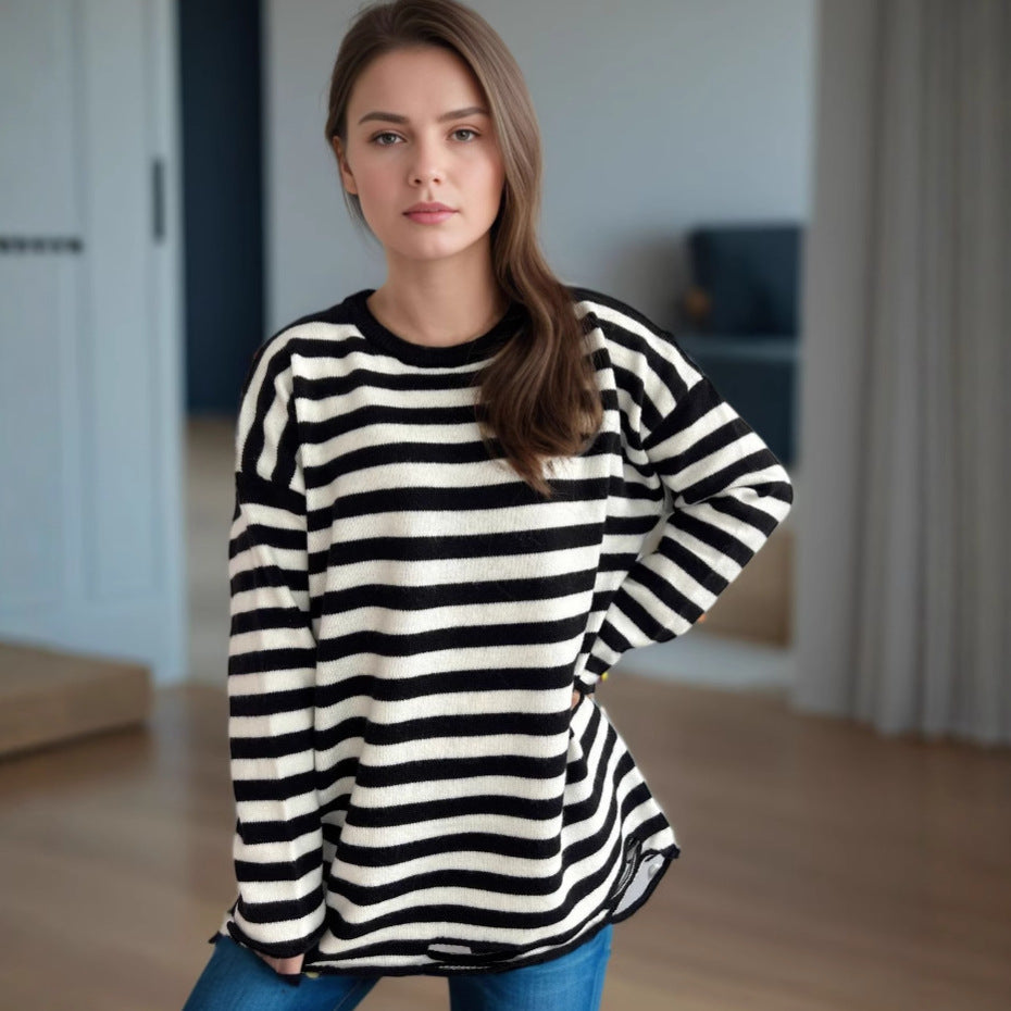 Damen lässiger Oversize-Pullover mit breiten Streifen R&B