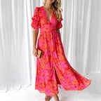 Damen Maxikleid mit Blumenmuster und V-Ausschnitt R&B