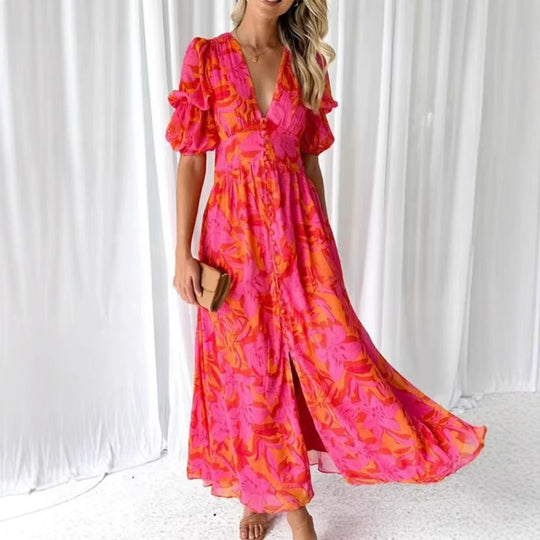 Damen Maxikleid mit Blumenmuster und V-Ausschnitt R&B
