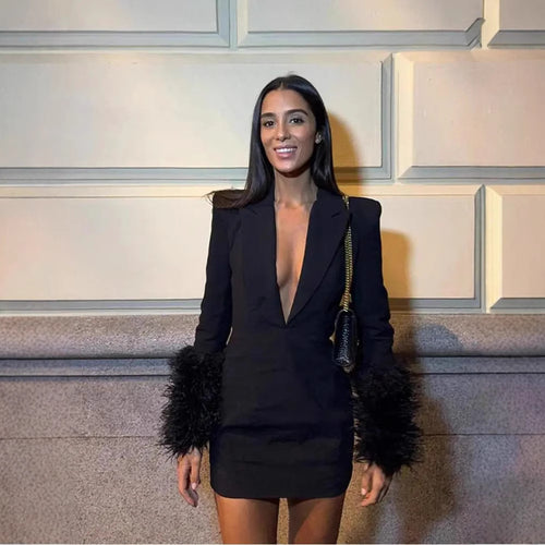 Damen Sexy Minikleid mit tiefem V-Ausschnitt und glamourösen Federärmeln R&B