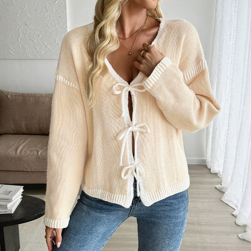 Damen lässiger Strickcardigan mit dekorativen Bindebändern R&B