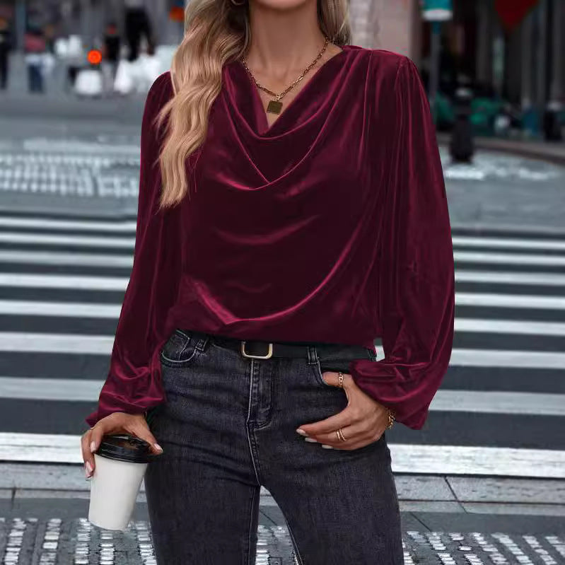 Damen elegante Bluse aus samtigem Material mit Drapé-Ausschnitt R&B