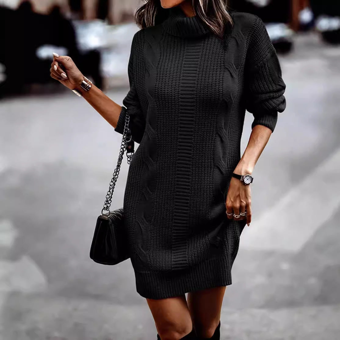 Damen Strickkleid mit modernem Zopfmuster und hochgeschlossenem Kragen R&B