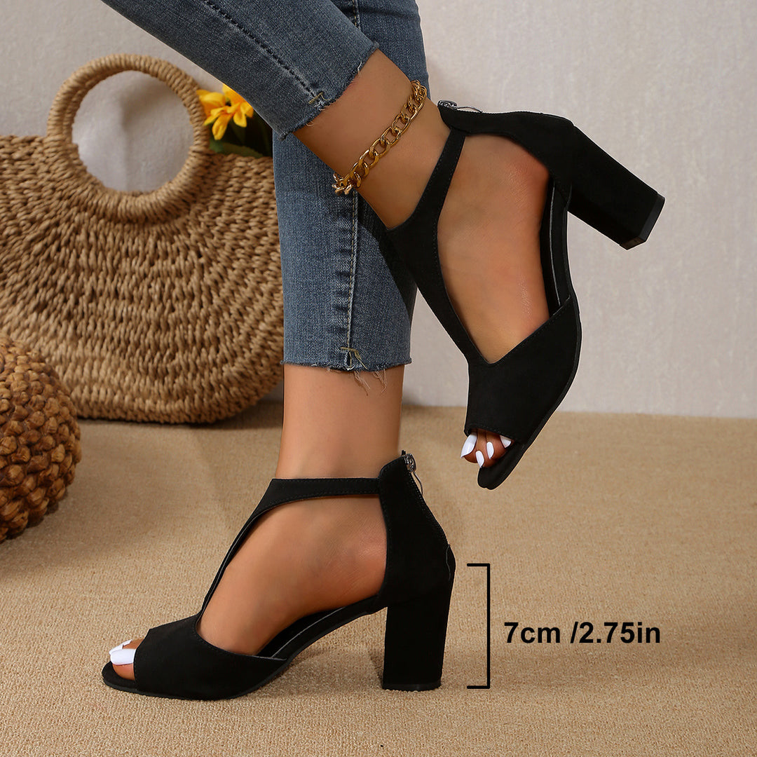 Damen nan elegante T-Spangen Sandaletten mit komfortablem Blockabsatz und Rückreißverschluss R&B