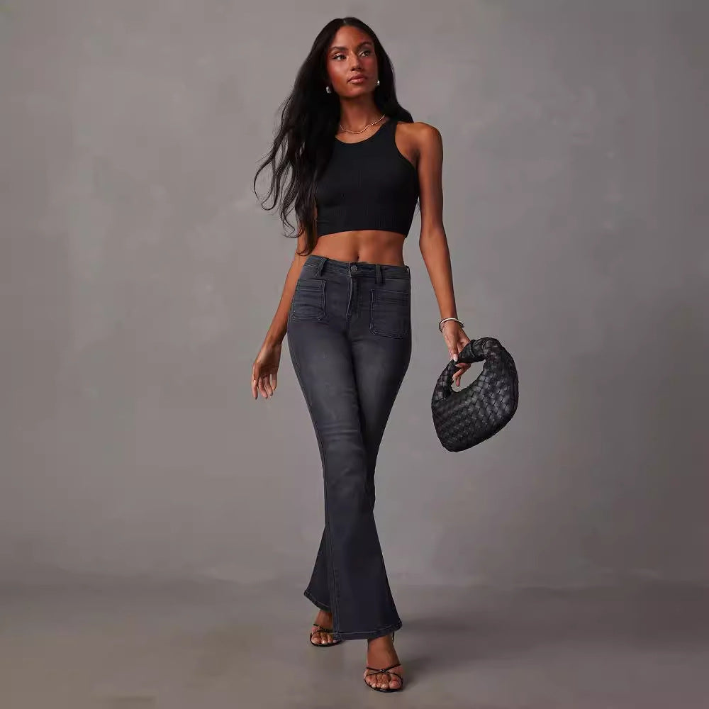 Damen Flared Jeans mit hohem Bund und strukturiertem Denim R&B