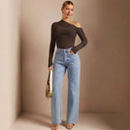 Damen Asymmetrischer Body mit Raffungen und langen Ärmeln R&B