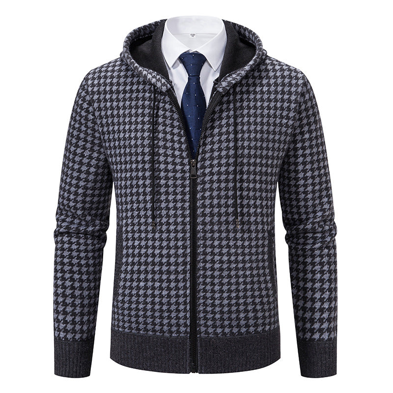 Herren gemütlicher Strickpullover mit modernem Karomuster und Kapuze R&B