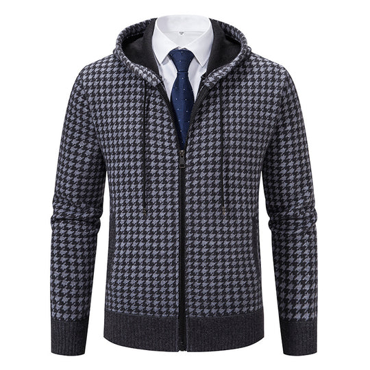 Herren gemütlicher Strickpullover mit modernem Karomuster und Kapuze R&B