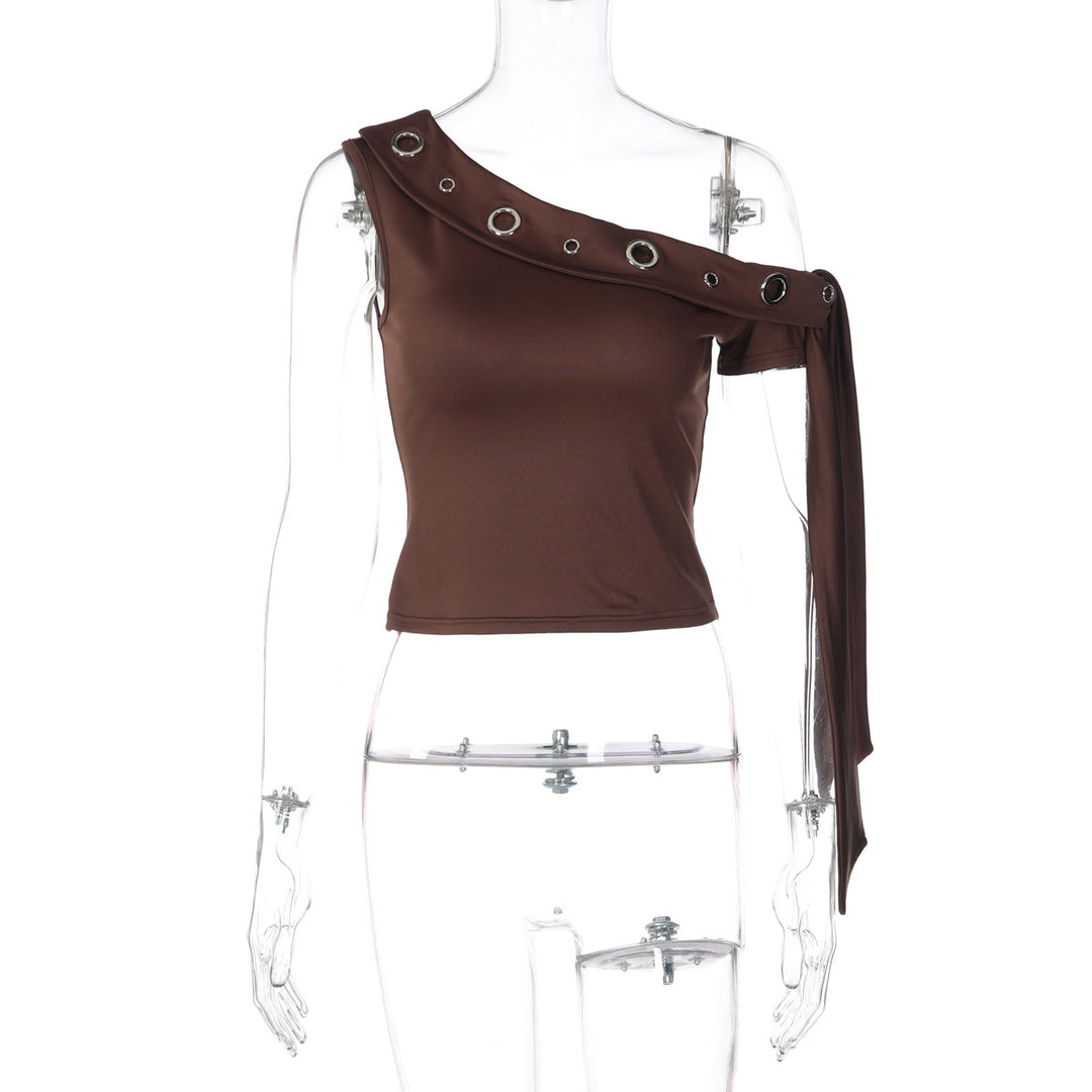 Damen elegantes schulterfreies Top mit dekorativen Ösen und langen Ärmeln R&B