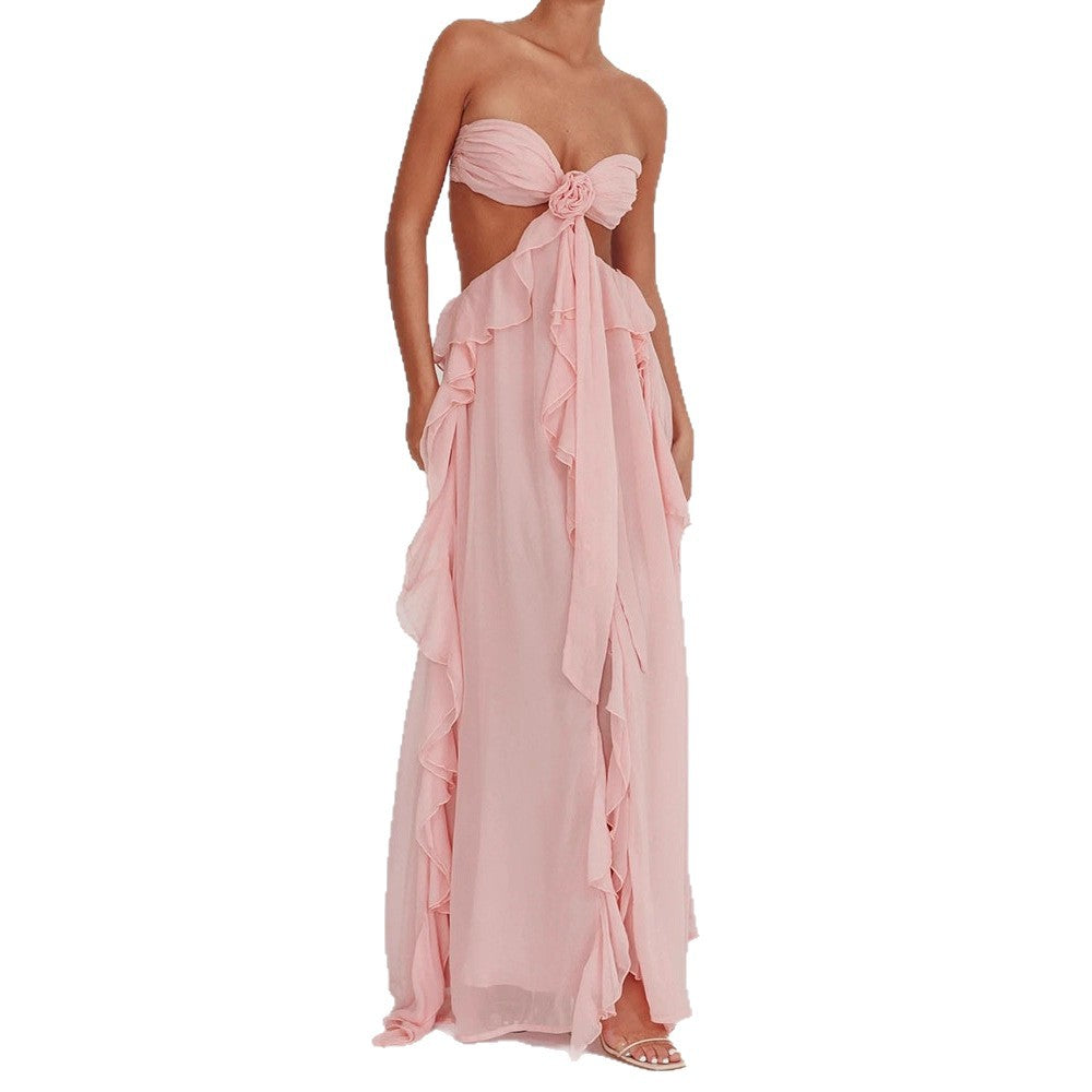 Damen Maxikleid mit Rüschen und Bandeau-Ausschnitt R&B