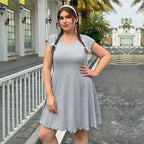Damen lässiges Jersey-Kleid mit verspielt geschwungenem Saum und dekorativen Bändern R&B