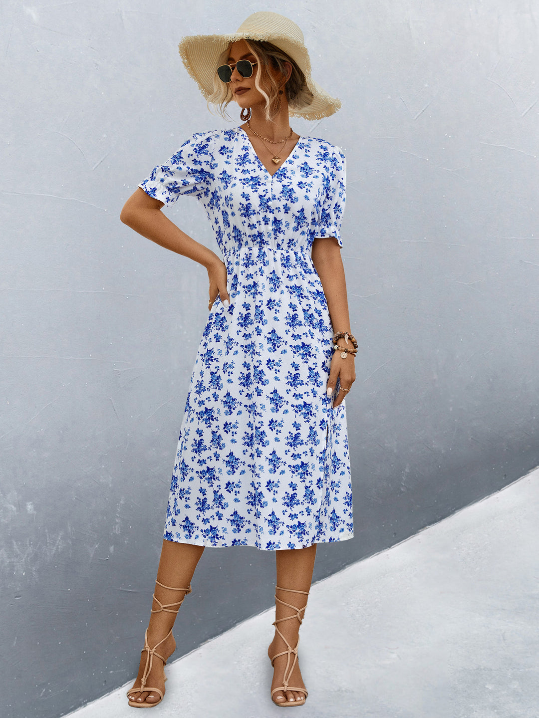 Damen midi Kleid mit floralen Mustern und seitlichem Schlitz R&B