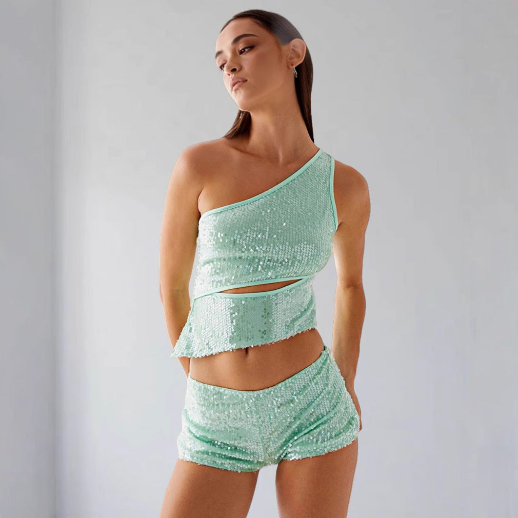 Damen Glamouröses Pailletten-Top mit Cut-Out-Design und Shorts R&B