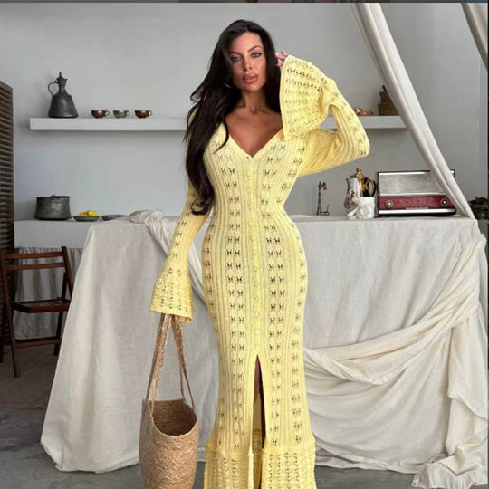 Damen Strickmaxikleid mit nostalgischem Lochmuster und elegantem V-Ausschnitt R&B