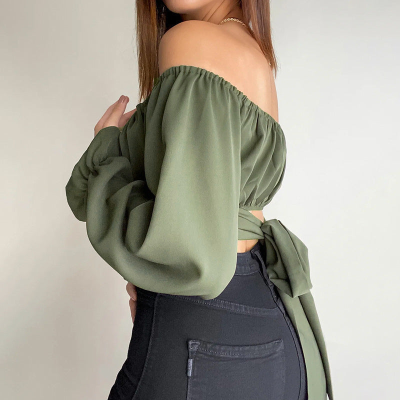 Damen Off-Shoulder Bluse mit Raffung und langen Ärmeln R&B