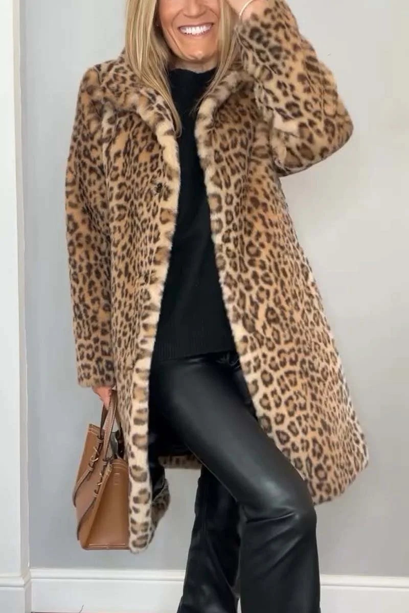 R&B | Mantel - Kunstpelz - Oversized Fit - Reverskragen - Leopardenprint