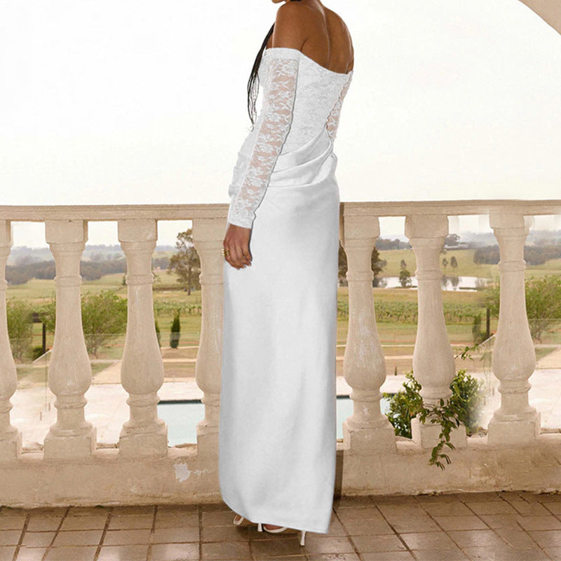 Damen Elegantes Hochzeitskleid mit schulterfreiem Ausschnitt und Spitzenärmeln R&B