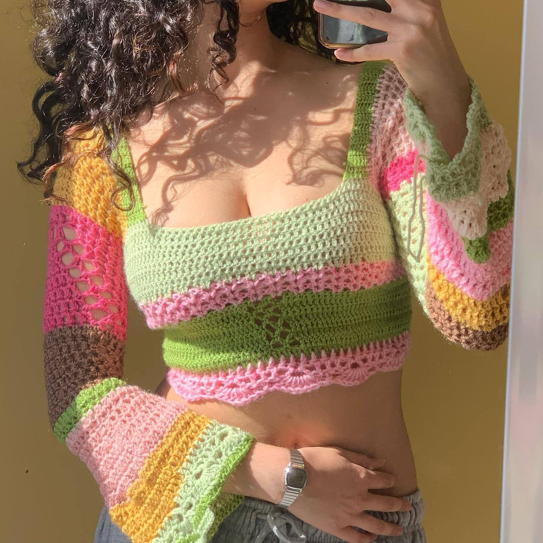 Damen gehäkeltes Crop-Top mit langen Ärmeln und ausgefallenem Saum R&B