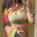 Damen gehäkeltes Crop-Top mit langen Ärmeln und ausgefallenem Saum R&B