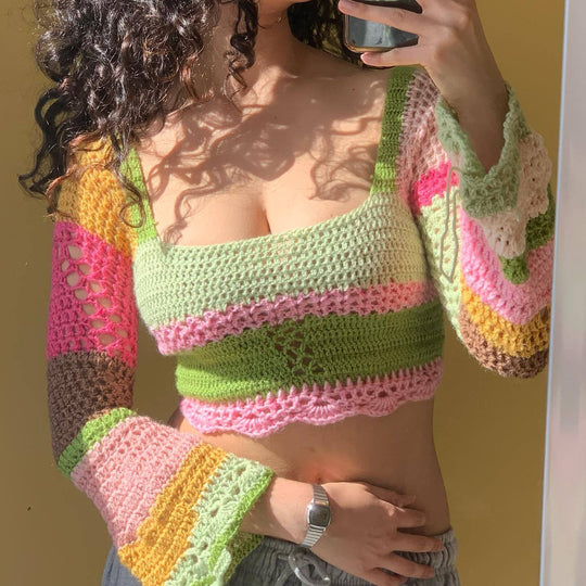 Damen gehäkeltes Crop-Top mit langen Ärmeln und ausgefallenem Saum R&B