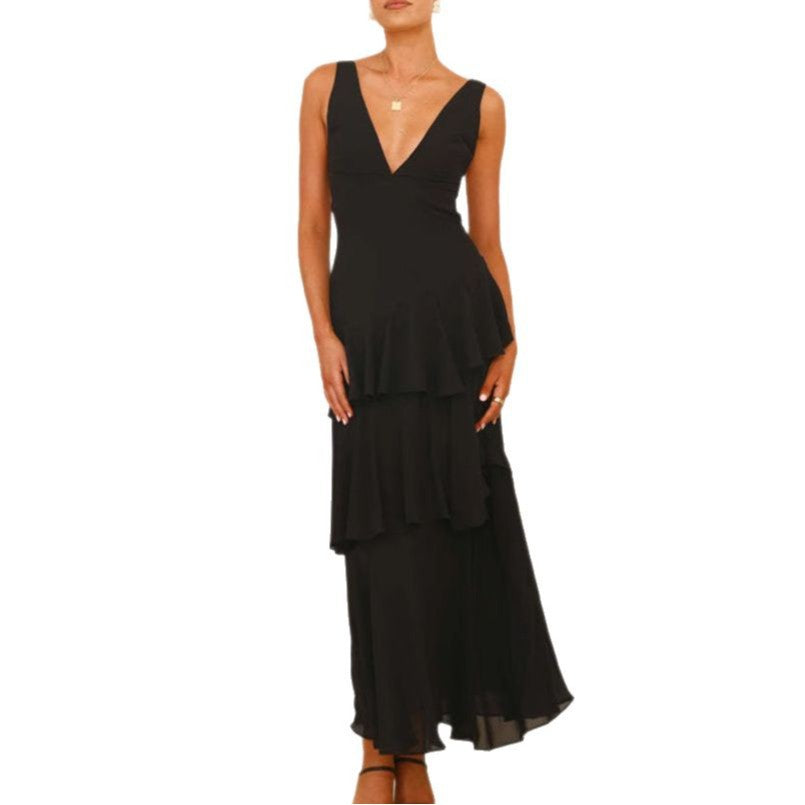 Damen Maxi-Kleid mit eleganten Volants und tiefem V-Ausschnitt R&B